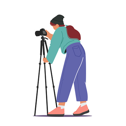 Professional Photography Concept. Female Photographer with Photo Camera on Tripod Making Pictures Isolated on White Background. Woman Character Taking Pictures, Hobby. Cartoon Vector Illustration