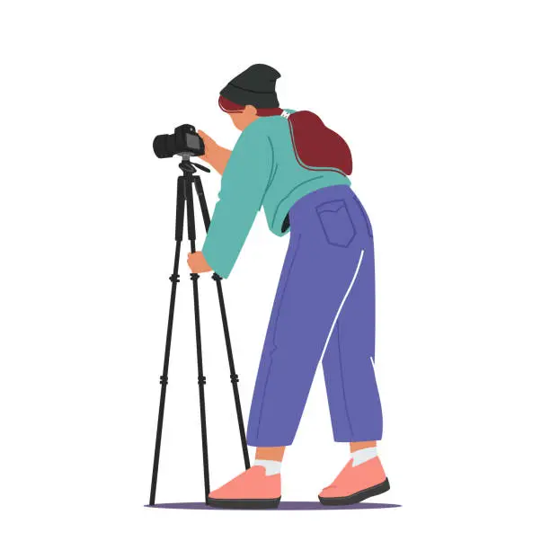 Vector illustration of Professional Photography Concept. Female Photographer with Photo Camera on Tripod Making Pictures Isolated on White