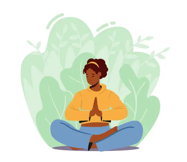 Vector illustration of Woman Meditating in Lotus Pose, Female Character Enjoying Outdoors Yoga. Healthy Lifestyle Relaxation, Emotional Balance