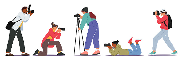 Set Professional Photographers with Photo Camera. Creative Profession or Occupation. Female and Male Characters Photographing, Take Photo Shot. People Creative Hobby. Cartoon Vector Illustration