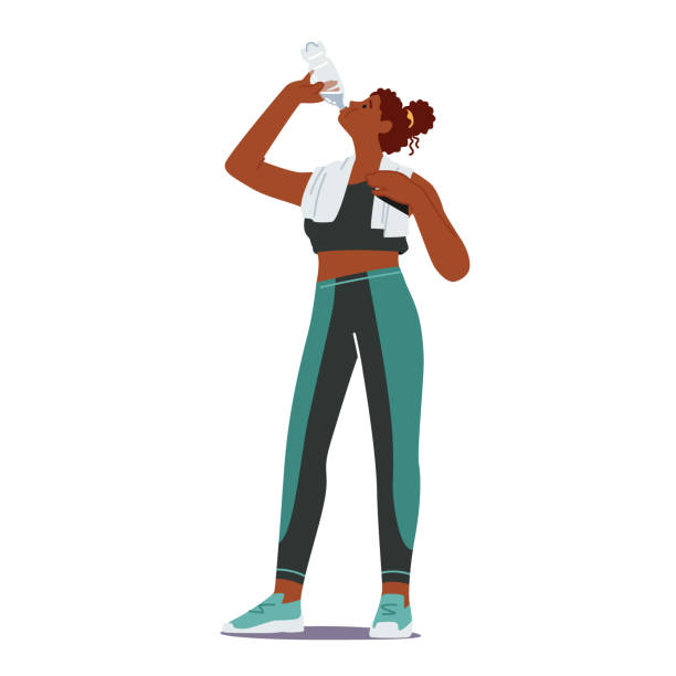 ilustraciones, imágenes clip art, dibujos animados e iconos de stock de hermosa deportista atlética con toalla en el hombro agua potable de la botella refrescante después de la actividad deportiva de fitness - healthy eating sport exercising women
