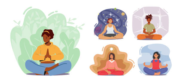 set life harmony, yoga meditation. multiracial women meditating, relaxed female characters sitting in lotus pose - zen illüstrasyonlar stock illustrations