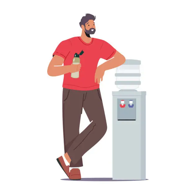 Vector illustration of Man Drinking Fresh Water at Cooler during Break in Office, Worker, Employee or Sportsman Character Rest, Drink Beverage