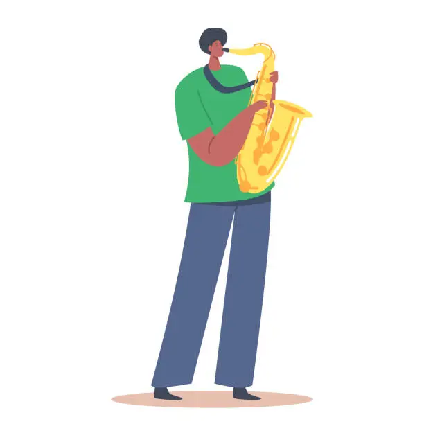 Vector illustration of African Sax Player Blowing Musician Composition. Character Playing Saxophone Isolated on White Background. Jazz Band