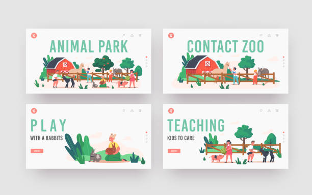 Little Kids Visit Contact Zoo Landing Page Template Set. Children Feeding Animals, Characters Petting Domestic Llama Little Kids Visit Contact Zoo Landing Page Template Set. Children Feeding Animals, Characters Petting Domestic Llama, Rabbit, Piglet and Goatling Spend Time on Farm. Cartoon People Vector Illustration farm cartoon animal child stock illustrations