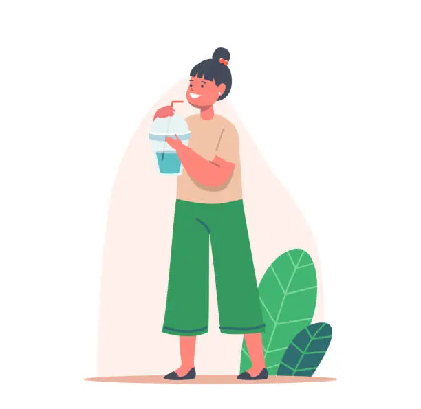 Vector illustration of Kid Character with Cup and Straw Enjoying Fresh Drink, Little Girl Drinking Clean Water, Milk or Juice. Summer Beverage