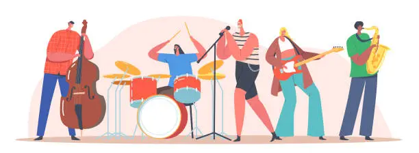 Vector illustration of Music Band on Stage. Performing Rock Concert on Scene. Artists Characters with Musical Instruments Singing Rock Song