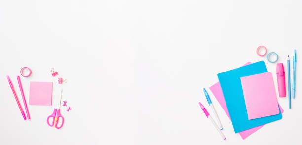 istock Flat lay frame with school and office supplies on a white background 1342922225