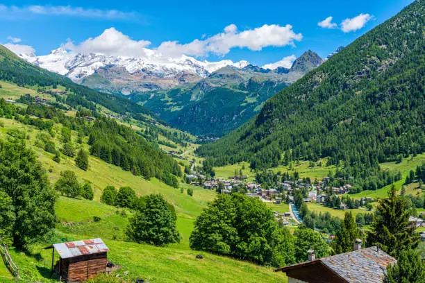 Panoramic view with beautiful village of Antagnod in the Ayas Valley, Aosta Valley, Italy.