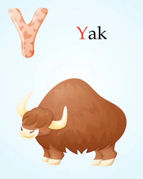 Vector illustration of Kids banner with english alphabet letter Y and cartoon image of large animal yak with horns and long hair.