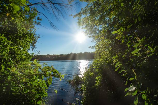 The afternoon sun shines over Stump Pond at Blydenburgh County Park, Suffolk County, Long Island NY.