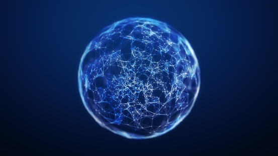 Blue Plexus Sphere Wire-frame Technology Background. 3D rendering.