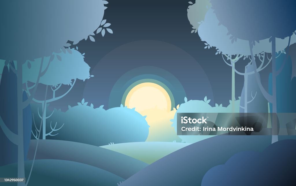 Ilustración de Silueta Paisaje Nocturno Luna Grande Luz De La Luna  Oscuridad Estilo De Dibujos Animados Colinas Con Hierba Y Árboles Hojas  Oscuras Genial Romántico Bonito Ilustración De Fondo De Diseño Plano