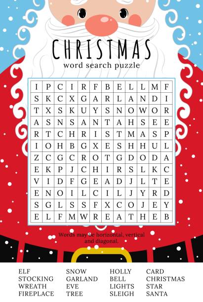 weihnachtswortsuche puzzle. lernspiel für kinder. winterferien thema vokabeln lernen. kreuzworträtsel mit lustigem weihnachtsmann. - christmas theme stock-grafiken, -clipart, -cartoons und -symbole