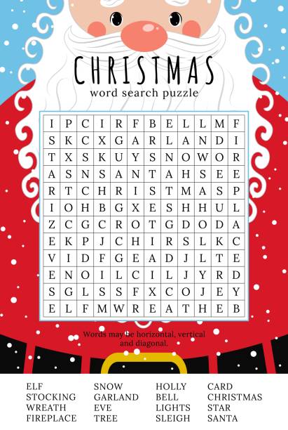 Christmas word search puzzle. Educational game for children. Winter holidays theme learning vocabulary. Crossword with funny Santa Claus. Printable worksheet. Suitable for social media post. riddle stock illustrations