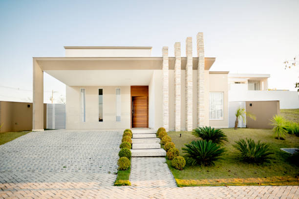 istock Front facade of a modern home on a late afternoon 1342950757