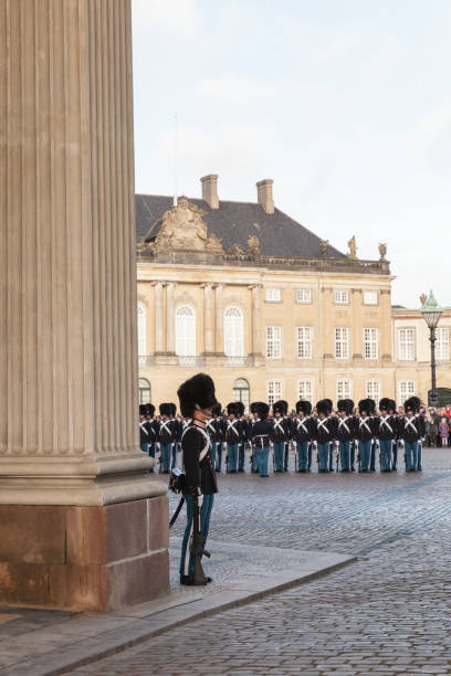 royal guardsmen at the royal palace amalienborg - guard of honor imagens e fotografias de stock