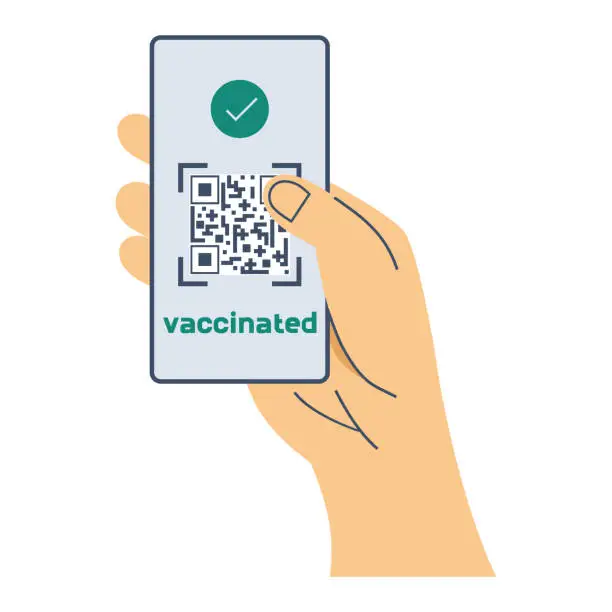 Vector illustration of Qr code about vaccination against covid. The electronic code is in the phone. Mans hand holds screen on which there is a green text about vaccination. Vector illustration.
