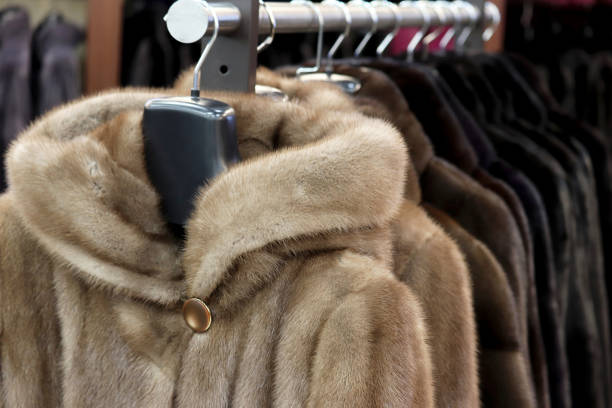 Fur coats in a row on a hanger in the store stock photo