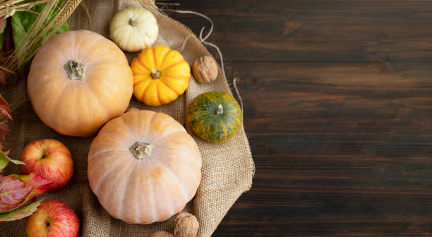 istock Top view of pumpkins on wooden table 1342962846