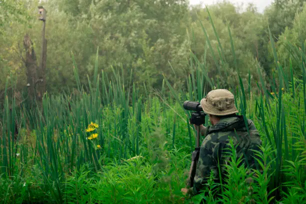 Photo of male explorer makes observations in the wild with a spotting scope standing among the tall grass