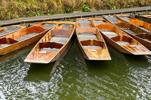 Wooden rowing boats tied up to a riverbank. No people.
