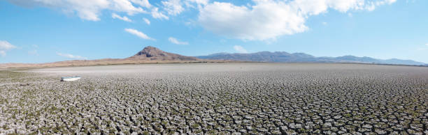 Aerial shot of dried, cracked, dry, drought lakebed surface Climate, lack of water, drone, global warming, texture lakebed stock pictures, royalty-free photos & images