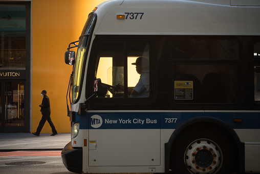 Manhattan, New York. September 25, 2021. MTA bus driver driving a bus.