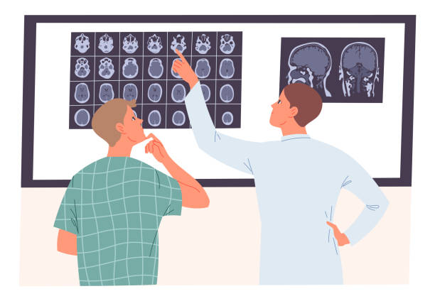 bildbanksillustrationer, clip art samt tecknat material och ikoner med doctor and patient looking at an mri scan of the brain - brain scan'