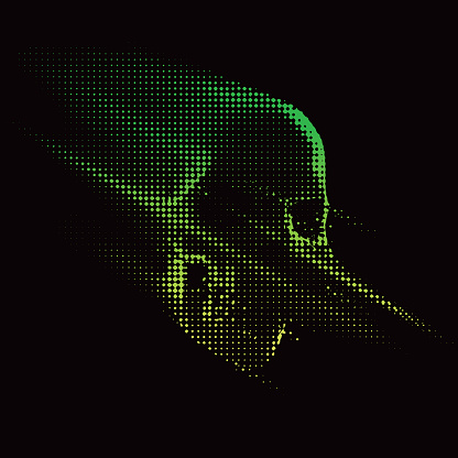 Vector engraving of a spooky skull with glitch technique
