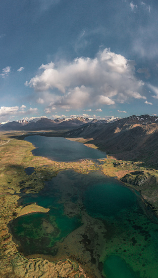 Scenic panoramic aerial view of lake in Tien Shan mountains in Kyrgyzstan in summer