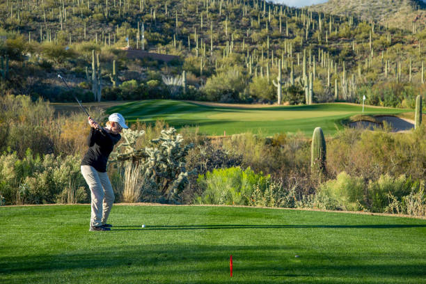 Retired Woman playing Golf in Tucson Arizona She is playing Golf in Tucson Arizona surrounded by cactus tucson stock pictures, royalty-free photos & images