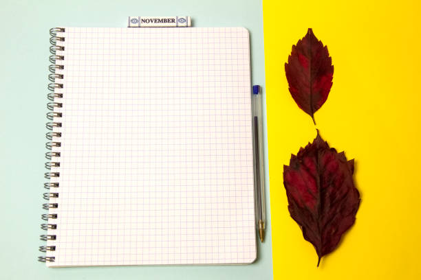 istock Notepad, pen and red autumn leaves on a yellow-blue background. View from above. copy space. layout, place for text 1342983414