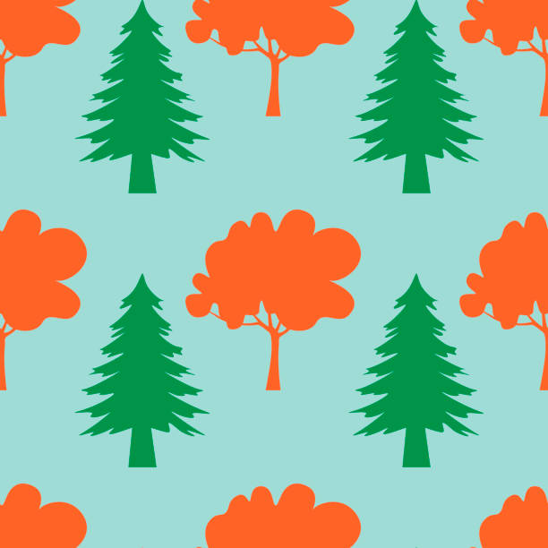 illustrazioni stock, clip art, cartoni animati e icone di tendenza di modello senza cuciture autunnale, albero del boschetto del parco forestale, illustrazione - forest grove tree autumn