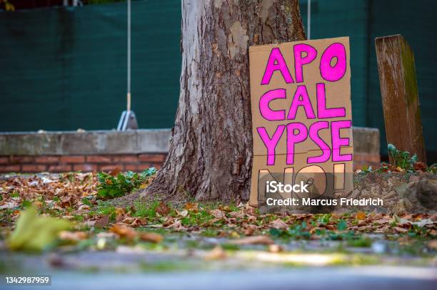 Lost Cardboard Sign Saying Apocalypse No After The Fridays For Future Climate Protests In Leipzig Stock Photo - Download Image Now