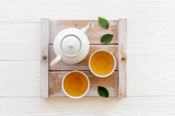 istock Black tea in cups with white teapot and green leaves 1342988205