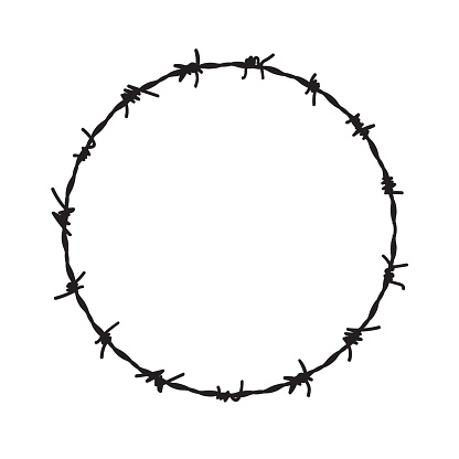 Barb wire circle vector fence frame. Barbed round wire ring prison logo.