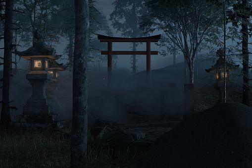 3d rendering of an old japanese shrine with torii gate and stone lantern at night