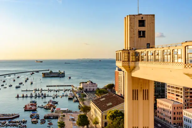 View of the bay of All Saints and Lacerda elevator in the famous city of Salvador, Bahia