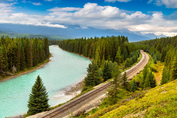 istock Railway line along Bow river in Banff 1342999133