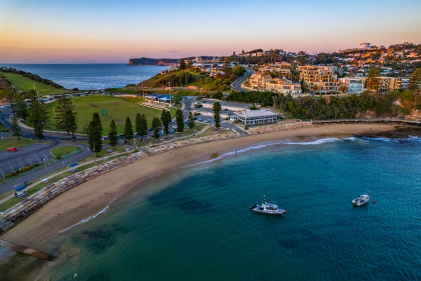 Early morning seascape flight over The Haven at Terrigal stock photo