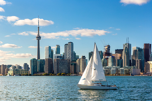 Panoramic view of Toronto skyline and CN Tower and sail boat in a sunny day, Ontario, Canada