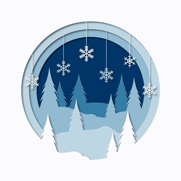 Winter landscape with сhristmas trees, snow, drifts and snowflakes. Greeting card template for Christmas and New Year. Vector illustration in paper cut style. Winter landscape with сhristmas trees, snow, drifts and snowflakes. Greeting card template for Christmas and New Year. Vector illustration in paper cut style. snowflake shape silhouettes stock illustrations