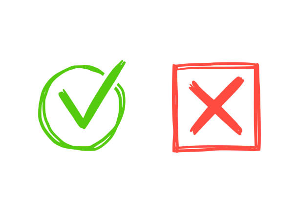Green check and red cross mark. Green check and red cross mark. Hand drawn doodle sketch style. Vote, yes, no drawn concept. Checkbox, cross mark with square, circle element. Vector illustration. tick off stock illustrations