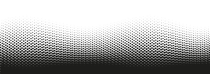 Halftone wavy dot pattern. Pop art gradient background with circles. Comic half tone effect. Abstract wave texture. Optical spotted design. Black white banner. Monochrome vector illustration