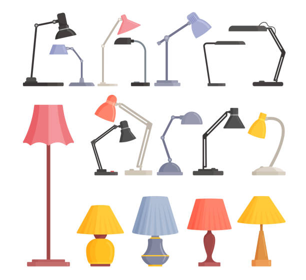 Set Table and Floor Work Lamps, Colored Metal Desk Bulbs of Modern Design Isolated on White Background Set Table and Floor Work Lamps, Colored Metal Desk Bulbs of Modern Design Isolated on White Background. Torchere Electric Supplies for Home Decor and Room Illumination. Cartoon Vector Illustration lamp shade stock illustrations