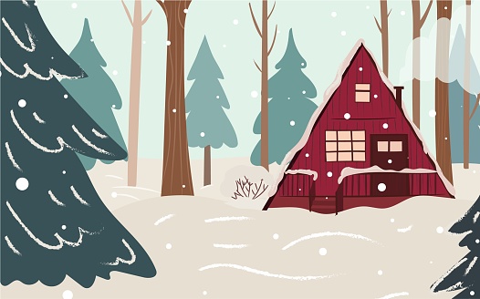 Cozy winter background. Cabin in the woods. Christmas card design. Flat hand-drawn vector illustration.