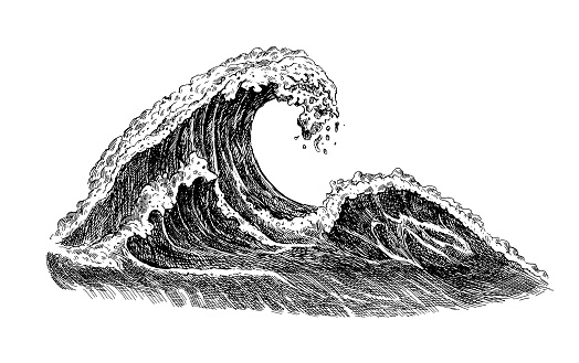 Hand-drawn ocean tidal storm waves isolated on white background for surfing and seascape. Tourism and surfing concept. Vector illustration.
