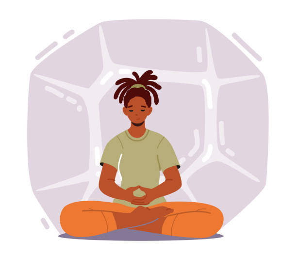 спокойная женщина, практикующая йога-медитацию в позе лотоса для снижения стресса и достижения нирваны или дзен. расширение прав и возможн� - yoga women emotional stress praying stock illustrations