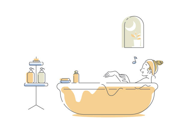 relaxing bath time relaxing bath time, simple lin art bathtub illustrations stock illustrations
